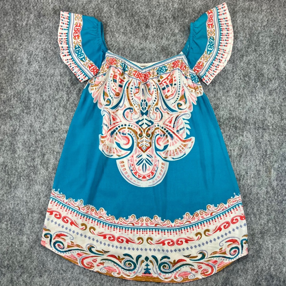 Flying Tomato Mini Dress Womens S Teal Boho Paisley Off Shoulder Tunic Beach
